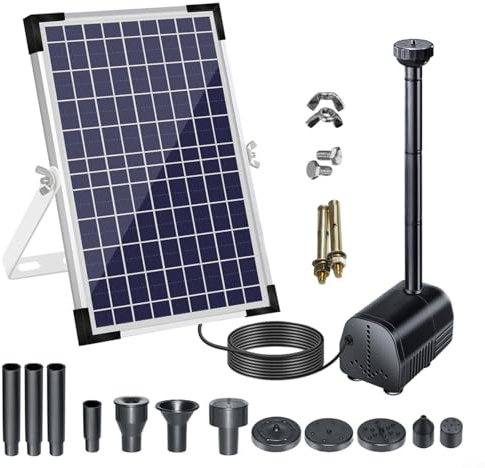 Puupaa Fuente de agua solar de 10 W, bomba de agua para jardín, kit de bomba sumergible para exteriores con múltiples boquillas, cable de 5 m, pulverizador de cascada para estanque de peces, piscina y