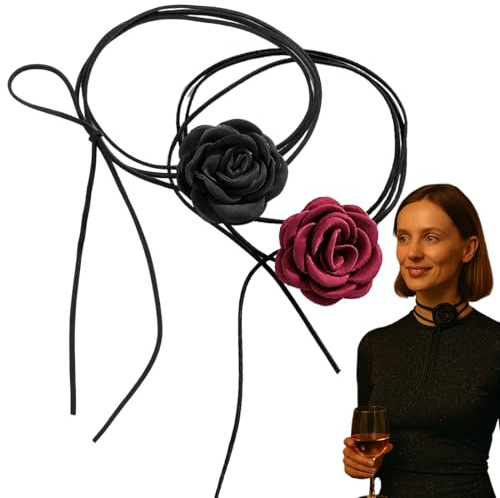 GNHG 2 Pezzi Collana Girocollo Con Rosa, Collana Fiore, Collane Fiori, Elegante Fiore Gotico, Perfetto Per Feste E Occasioni Speciali, Nero e Rosso