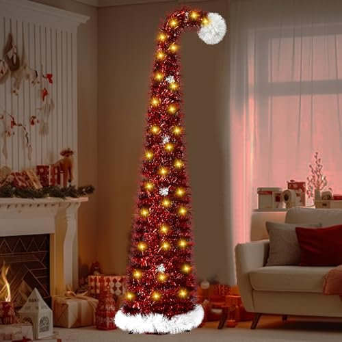 150 Cm Albero di Natale Artificiale, Albero di Natale con Supporto Decorazione Natalizia Viene Fornito con 5 Metri di Luci Colorate e Una Stella Superiore Facile Montaggio (Rosso)