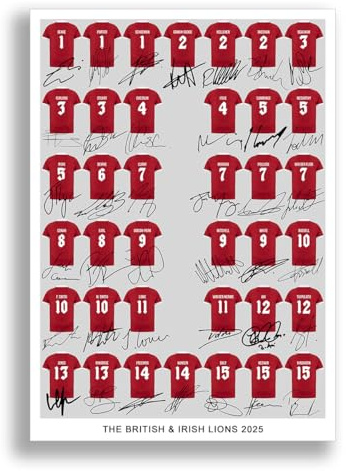 Mounted Gifts Trading The British & Irish Lions 2025 Rugby Team Squad Signed Poster Print Framed Picture Photo Autograph Gift Maro Itoje Tadhg Furlong (A3 Poster Only)