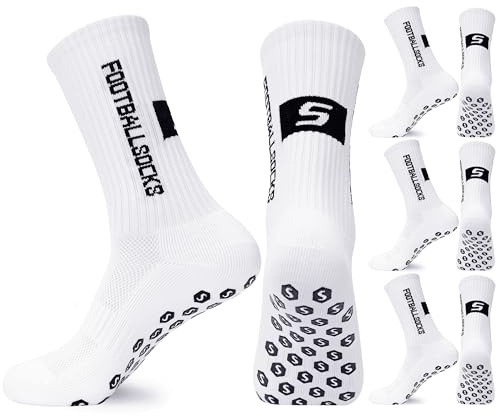 3 Paar Fußballsocken 39-46 Anti Rutsch Grip Fußball Socken Atmungsaktiv Sportsocken für Herren Damen Kinder Basketball Laufen Radfahren Wandern Weiß