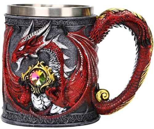 ZONSUSE Gothic Drache Tasse, Drachen Edelstahl Becher, mit Drachenschwanz Griff & Edelstein Dekor, Mittelalter Fantasy Tankard, Personalisierte Geschenke für Männer, Gothic Deko 450ml (Rot Dragon)