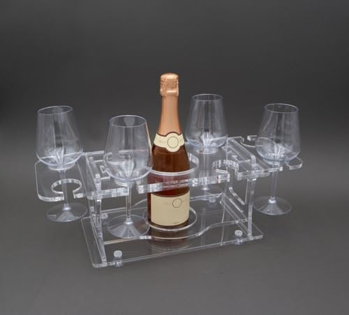 GH 4-6-8+B Vassoio Porta Calici Modulare in PMMA, 4-6-8 Postazioni calice con Foro Bottiglia adatto per cestello refrigerante, con Ventose offre stabilità anche per la Nautica e Campeggio. BREVETTATO
