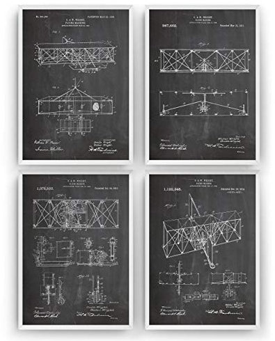 Wright Brothers Patent Posters - Set Of 4 Art Prints - Vintage Art Print Air plane Aircraft Pilot Gifts For Men Women Aviation Blueprint - Frame Not Included