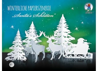 Ursus 17200002 - Winterliche Papierszenerie, Santa's Schlitten, weiß, 4 Blatt aus Bristolkarton 400 g/qm, gelasert und genutet, Set mit Bäume, Rentiere und Schlitten, inklusive Bastelanleitung