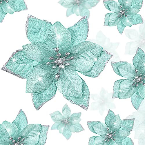 WILLBOND 36 Stück Weihnachten Glitzer Weihnachtsstern Blumen Künstliche Blumen Hochzeit Glitzer Weihnachtsbaum Neujahr Ornamente (Blau-Grün, 3/4/ 6 Zoll)