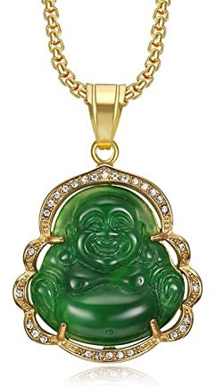 HMOOY Glückliche lachende Buddha Halskette, Grüne Jade Buddha Zirkonia Anhänger Halskette mit 18 Karat vergoldeter Kette Feng Shui Schmuck für Damen Herren (Grün)
