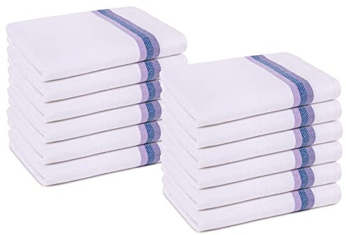 Pagnanno Tea Towels, Soft and Absorbent – Multi Pack of Large Classic Herringbone Weave, Lint Free, Cotton Kitchen Dish Towels 45x70 cm in White with blue, green and orange stripes (Purple Stripe, 12)