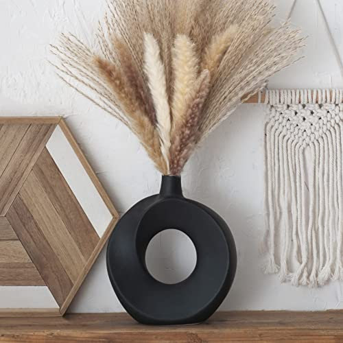 Cutfouwe Vase Groß für Pampasgras, Schwarz Matt, Donut, Keramik Rund Form 26cm Hoch, Trockenblumen Blumenvase, Handmade Vasen Wohnzimmer, Schlafzimmer, Büro, Badezimmer Dekoration, L, 29891--64729033