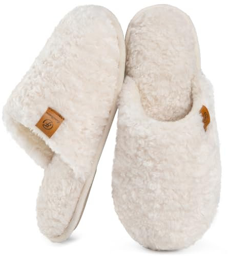 EverFoams Damen Scuff Hausschuhe Gemütlich Weiches Flauschiges Kunstalpaka Memoryschaum Leichte Rutschfeste Pantoffeln Creme Weiß, 40-41 EU