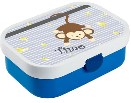 CreaDesign, Brotdose Kinder mit Fächern personalisiert Lunchbox blau mit Bento Einsatz, Brotbox mit Unterteilung Affe grau