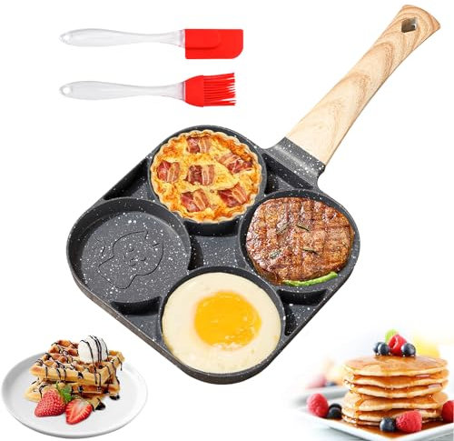 MeYuxg 4-Loch Spiegeleipfanne, Pancake Pfanne Antihaftbeschichtung, Eierpfanne mit Cartoon-Muster, Omlettenpfanne mit Bürste und Schaber, Universell für Induktionsherd und Gasherd (Schwarz)