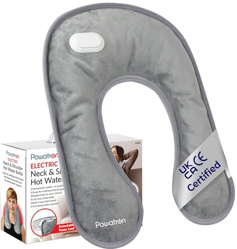 POWATRON Rechargeable Electric Neck & Shoulder Hot Water Bottle with Soft Plush Burst Proof Cover Comforting Hot Water Bottle for Soothing Aches & Pain Built-in Auto Thermostat Fast Charging - Grey