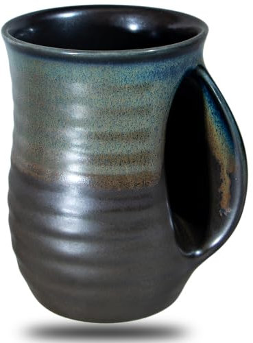 Oojdzoo Handwärmer-Tasse, 473 ml, große Handwärmbecher, Keramik, Geschenk für Kaffee, Tee, handgefertigte Keramik, mit Taschengriff, für Rechtshänder, Braun