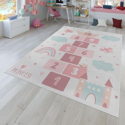 TT Home Kinderteppich Babyzimmer Teppich Kinderzimmer rutschfest Tiere Weltkarte Autos, Farbe:Rosa Creme, Größe:80x150 cm