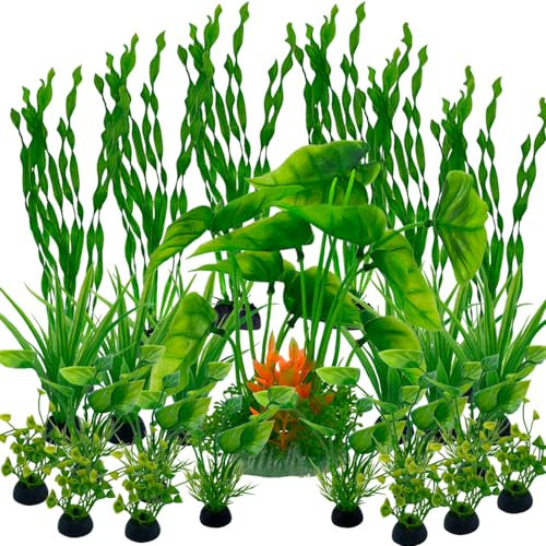 LANCARE Plantas de plástico para peceras de acuario, 25 plantas artificiales para acuario, decoración de peceras, decoraciones de plantas acuáticas artificiales, color verde