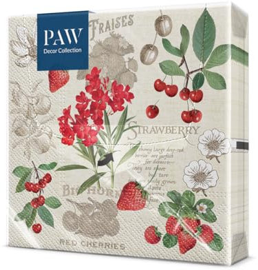 PAW - Servietten 3-lagig (33 x 33 cm) I 20 Stück I Perfekt für Geburtstage, Partys, Hochzeiten, Kommunion und Feiern I Tischdeko Bunte Papierservietten - Erdbeere Kirsche Fruchtig I Summer Fruits