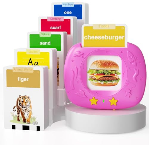 HOMESTEC Toddlers Speech Learning Toys, Upgraded Realistic Flash Cards, Sight Words with Sounds, British Accent, Educational Montessori Multi-Sensory Kit for Pre-school Kids Gifts (Space Pink)