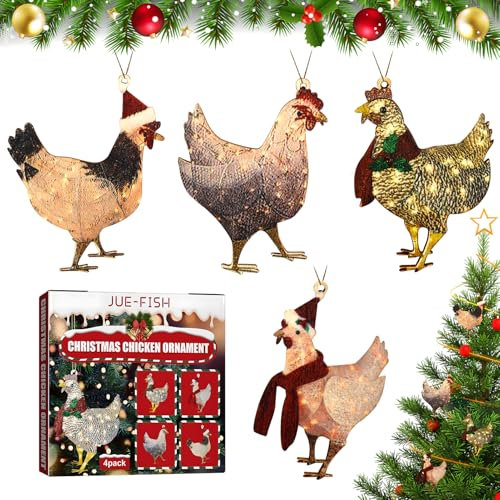 4 Stück Holz Weihnachtsanhänger Huhn,Christbaumschmuck Huhn,Weihnachtsbaumschmuck Huhn,Holz Hühner Weihnachtsanhänger Set,Hahn Weihnachtsschmuck Anhänger Deko,Weihnachtsbaum Anhänger