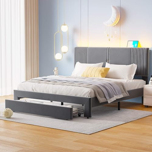 YCYDHDM Polsterbett 160 x 200 cm, Doppelbett mit Schublade und U/SB Anschluss, Stauraumbett mit Lattenrost und L/ED Kopfteil, Bettgestell aus Metallrahmen, Samtstoff, Ohne Matratze, Grau