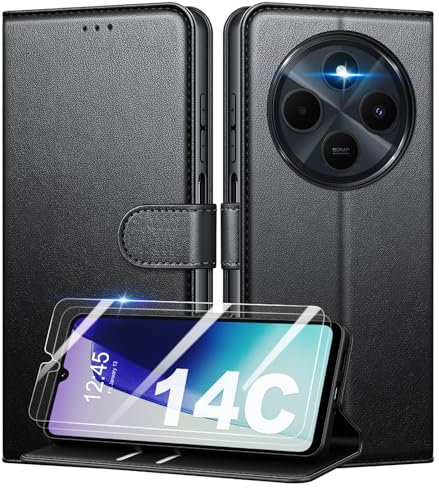 Mofurd Handyhülle für Xiaomi Redmi 14C/ Xiaomi Poco C75 Hülle Mit 2 Panzerfolie, [RFID-Blockierung] [Kartenfach] [Ständer] Premium PU Magnet Klappbar hülle mit Panzerglas, Multifunktional, Schwarz