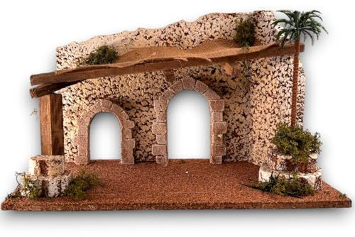 Scenario Presepe Artigianale con Arco in Pietra e Palme - Dimensioni 38x23x25 cm, Tetto in Stoffa e Decorazioni Realistiche - Ambientazione Perfetta per Presepio Napoletano Tradizionale