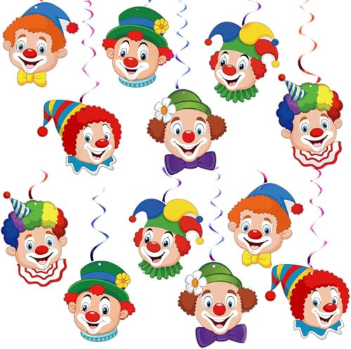 Clown Girlande Karneval, 12 Stück Spiral Girlanden mit Clown Motiv Karneval Luftschlangen für Deckenhänger, Hängedeko Partydekoration Hängegirlanden, Clown Deko für Karneval, Zirkus Deko