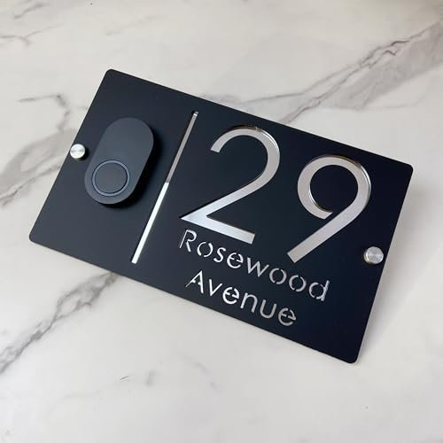 Personalized Design Customizable 3D Laser-Cut House Number Sign with Doorbell Weatherproof Modern Address Plaque for Home Apartment, Hotel, Porch & Yard - Durable Outdoor Address Plaque (Black silver)