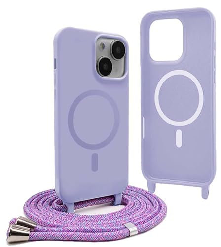 YFSYLL Handykette Hülle für iPhone 13 Mini mit Band,Magnetische Silikon Handyhülle Kompatibel mit MagSafe,Handyhülle für zum Umhängen Einstellbar und Abnehmbar - Lila