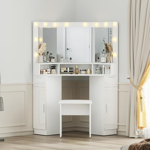 BSTSEL Corner High Gloss Dressing Table with Mirror and Stool, Adjustable LED Lights Vanity Desk 3 Compartments, 2 Drawers, 2 Cabinets, Large Storage Makeup Table for Bedroom Living Room Corner