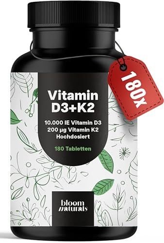 Vitamin D3 K2 hochdosiert – 180 Tabletten – 10000 IE | 99,7+% All-Trans K2-MK7 – produziert in Deutschland, laborgeprüft