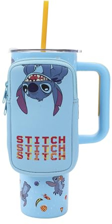 Disney Stitch Tropical Fruits & Flowers - Vaso de acero inoxidable azul de 40 onzas con bolsa extraíble