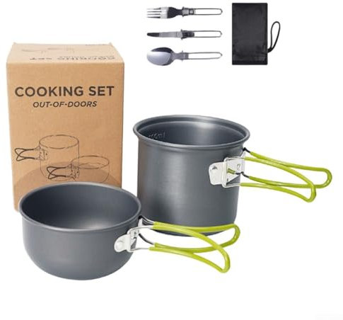 Set da cucina da esterno per 12 persone, pentole leggere non in alluminio per campeggio e zaino in spalla (manico verde)