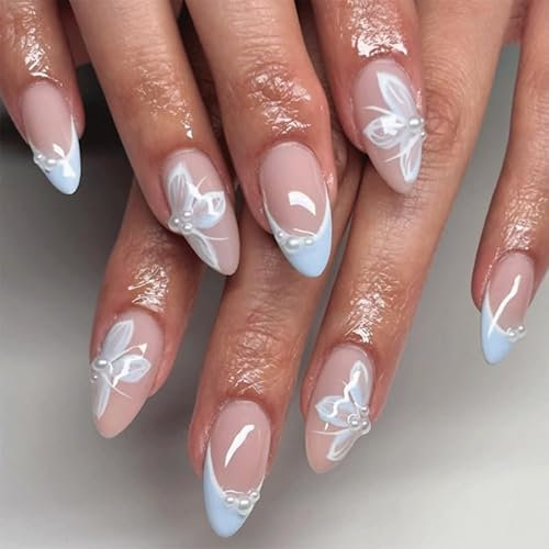 24 PCS 3D Blue Flower Press-On Nails with Jelly Gel - Almond False Nails Kit, Blue White French Lace False Nails With 3D Pearl Designs