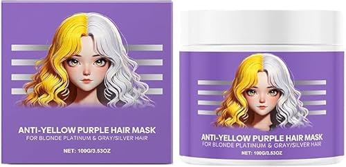 Mascarilla capilar anti-amarillo-morado, elimina los tonos amarillos, fortalece el cabello dañado, acondicionador hidratante morado, para cabello platino y gris/plateado, cruelty-free, vegano