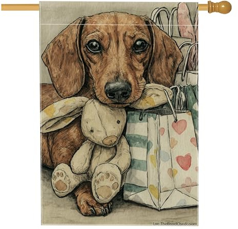 Fanciful Brown Dog Garden Flagge, Cute Puppy with Toy Home Decor Banner, Double Sided Burlap Yard Flag for Animal Lovers Outdoor Decoration 28x40 Inch