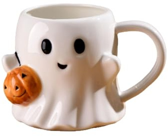 Halloween Mug, Cute Halloween Ghost Ceramic Mug, Ceramic Pumpkin Drinking Glass with Handle for Coffee, Tea and Hot Chocolate, Aesthetic Drinking Cup for Festive and Daily Use, 600 ML