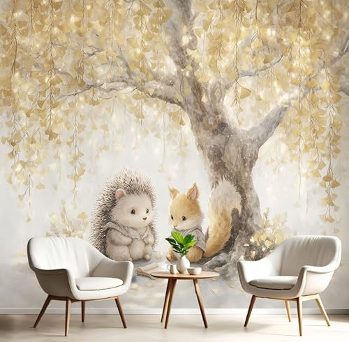 Fototapete Premium Gold - Cartoon Fuchs Igel - 250X175Cm (Bxh) - Fototapeten Tapeten Moderne Wand Dekoration Xxl Wandtapete Verträumter Ginkgobaum Motivtapeten Schlafzimmer Wohnzimmer