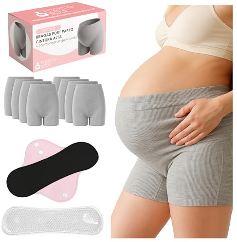 Super Pack 8 Bragas Postparto Desechables Cintura Alta Talla 38-44 + 1 Compresa de gel Frío/Calor 30x7 cm + Funda | Suaves, Transpirables, Soporte Abdominal | Alivio Dolor Perineal y Recuperación
