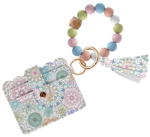 Boho Beaded Wallet Keychain, Horizontal Silicone Bead Bracelet Key Ring Wallet with Wrist Strap and Card Case ID Window, PU Leather Blocking Card for Christian Friends and Family