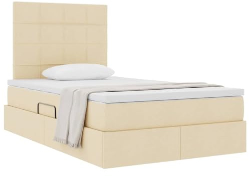 vidaXL Aufbewahrungsbett mit Matratze Creme 120 x 190 cm Stoff, Moderner Stauraumbett, rechteckig, hydraulisch, platzsparend, bequem, schwarzes Kunstleder, Matratze dabei