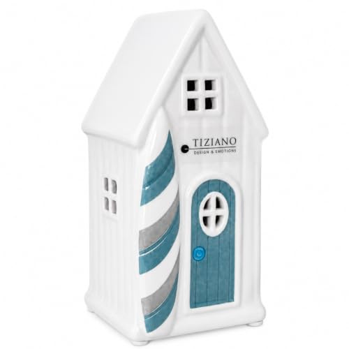 Tiziano® Deko Beachhouse Fano LED blau (15 cm) - Stimmungsvolle Keramik Deko mit Timer - Ideal für Wohnzimmer und Eintrittsgeschenk - Einweihungsgeschenk - Deutsches Familienunternehmen