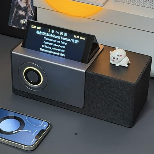 Bluetooth-Lautsprecher mit HiFi-Sound, 5-Zoll-Flip-Bildschirm, schwebender Songtext, Desktop-Uhr, Sonnenuntergang-Projektor, intelligentes weißes Rauschen, kabelloses Laden