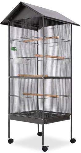 Ziaphsol Vogelvoliere mit Dach Stahl Schwarz 66 x 66 x 155 cm, für Papageienkäfig innen, mit 4 Sitzstangen Holz, Futterschale und Wasserspender, Rollen für Transport