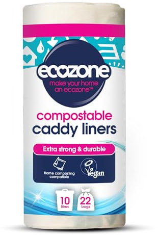EcoZone Caddy Liners, 100% Compostable & Biodegradable Bin Bags, 10 Litre Size, Strong Tear Resistant, Eco Friendly Vegan Natural Sacks Made from Plants, Plastic Free (Roll of 22)