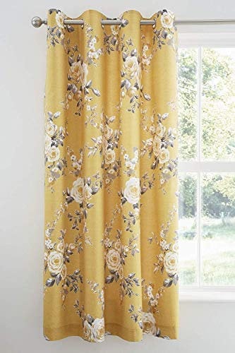 Catherine Lansfield Canterbury Vorhang mit Ösen, gefüttert, Blumenmuster, 168 x 183 cm, Ockergelb