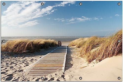Wallario Outdoor-Poster für Garten oder Balkon Auf dem Holzweg zum Strand, Motivbanner Größe: ca. 80 x 120 cm, Outdoor-Bild