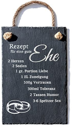 Spruchreif · Schiefer Tafel mit Gravur Rezepte · Türschild · Schieferschild mit Juteband · Dekoschild aus Schiefer zum Aufhängen (Rezept für eine Gute Ehe)