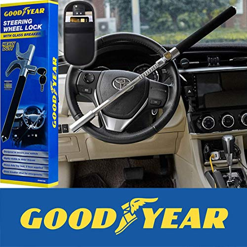 Goodyear Heavy Duty Steering Wheel Lock with 2 Keys Plus RFID Car Fob Signal Blocker Case Pack - Works with All Makes and Models