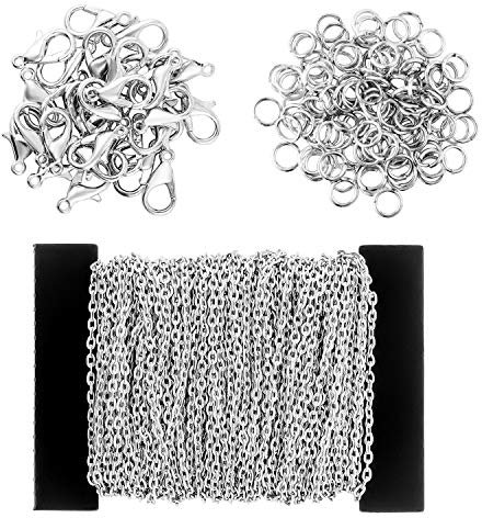 Coolty 39 Füße Versilbert Kabel Kette Halskette, DIY Link Kette Ketten Gliederkette Halsketten mit 100 Biegeringe und 30 Karabiner für Schmuck Herstellung(Silber)